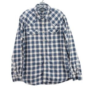 Eddie Bauer Men's L Tall Classic Fit Button Up Flannel Shirt‎ Blue Plaid Preppy